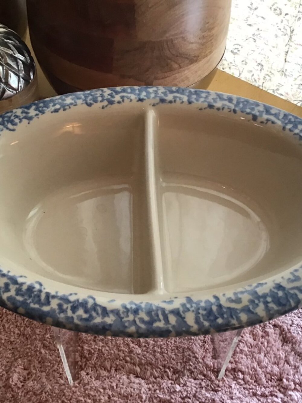 NWOT Roseville Gerald Henn Divided Pottery Blue Spongeware dish 12" wide